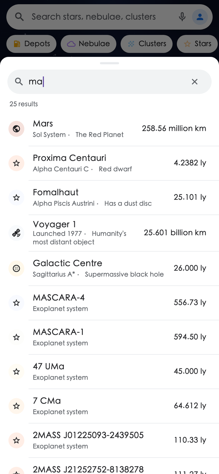 UnivMap search screen: typing “ma” lists Mars, Proxima Centauri, Voyager 1 and the Galactic Centre with the distance to each